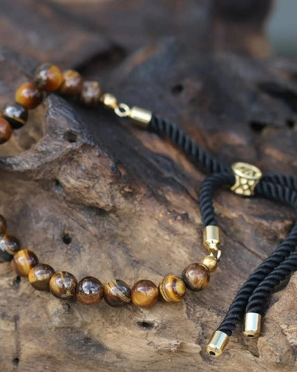 18K Gold Plated Gemstone Black String Bracelet - Tiger Eye - Bee my Gift