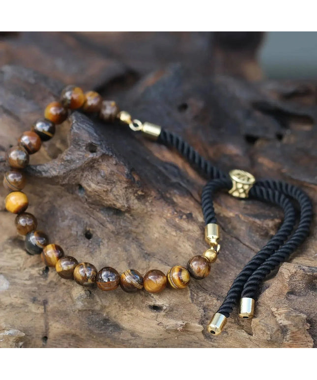 18K Gold Plated Gemstone Black String Bracelet - Tiger Eye - Bee my Gift