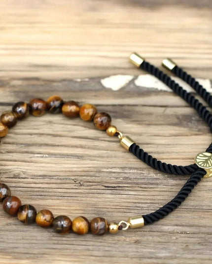 18K Gold Plated Gemstone Black String Bracelet - Tiger Eye - Bee my Gift