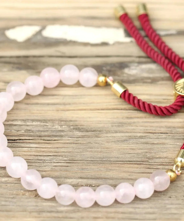 18K Gold Plated Gemstone Bordeaux String Bracelet - Rose Quartz - Bee my Gift
