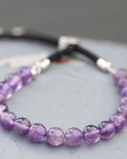 925 Silver Plated Gemstone Black String Bracelet - Amethyst - Bee my Gift