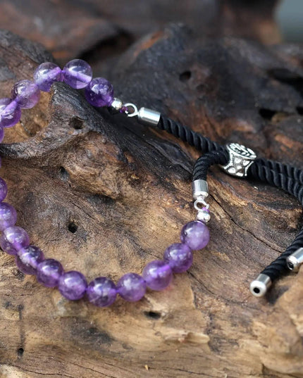 925 Silver Plated Gemstone Black String Bracelet - Amethyst - Bee my Gift