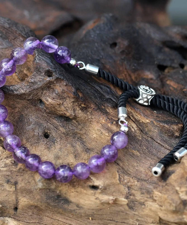 925 Silver Plated Gemstone Black String Bracelet - Amethyst - Bee my Gift