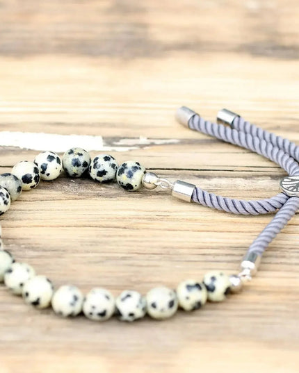 925 Silver Plated Gemstone Charcoal String Bracelet - Dalmation Jasper - Bee my Gift