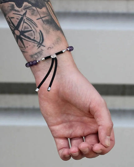 925 Silver Plated Gemstone Charcoal String Bracelet - Dalmation Jasper - Bee my Gift