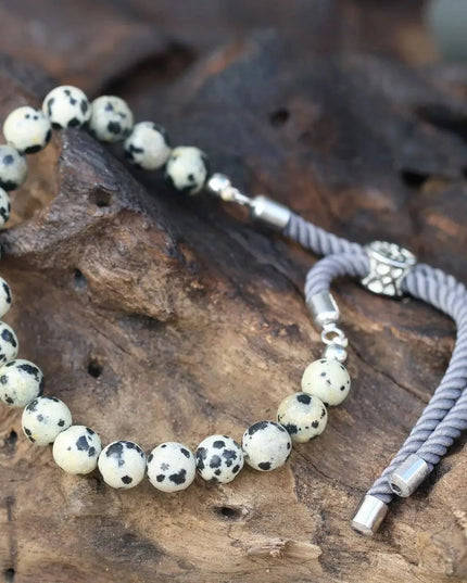 925 Silver Plated Gemstone Charcoal String Bracelet - Dalmation Jasper - Bee my Gift