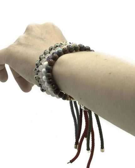 925 Silver Plated Gemstone Charcoal String Bracelet - Dalmation Jasper - Bee my Gift