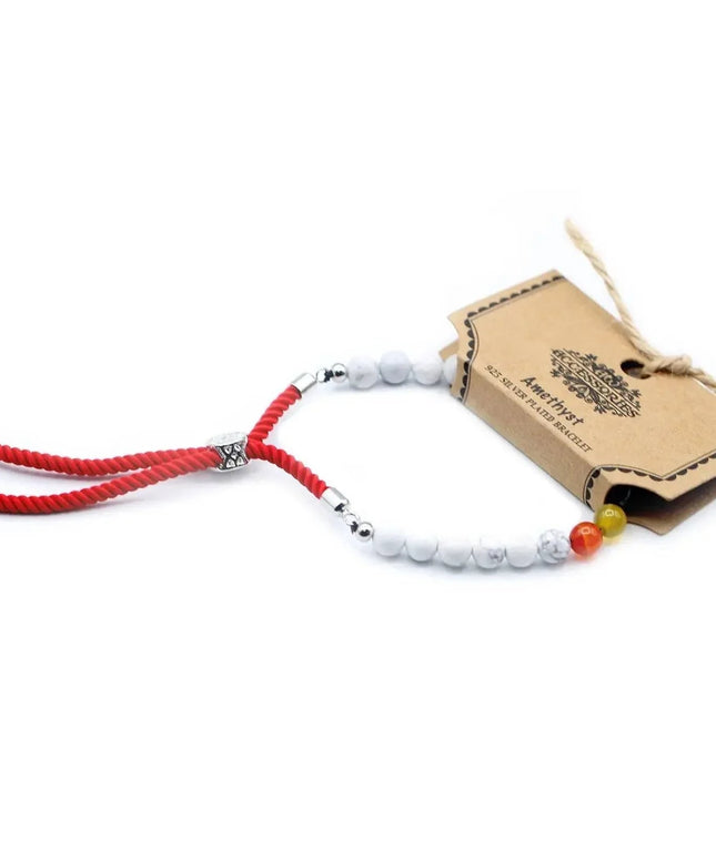 925 Silver Plated Gemstone Royal Red String Bracelet - White Howlite Chakra - Bee my Gift