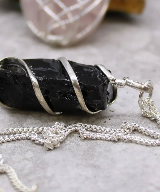 Cascade Wrapped Gemstone Necklace - Rough Black Onyx - Bee my Gift