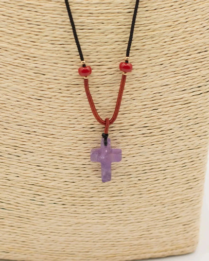 Cord Necklace Gemstone Pendant - Amethyst Cross - Bee my Gift
