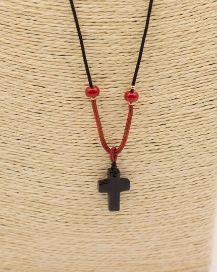 Cord Necklace Gemstone Pendant - Black Agate Cross - Bee my Gift