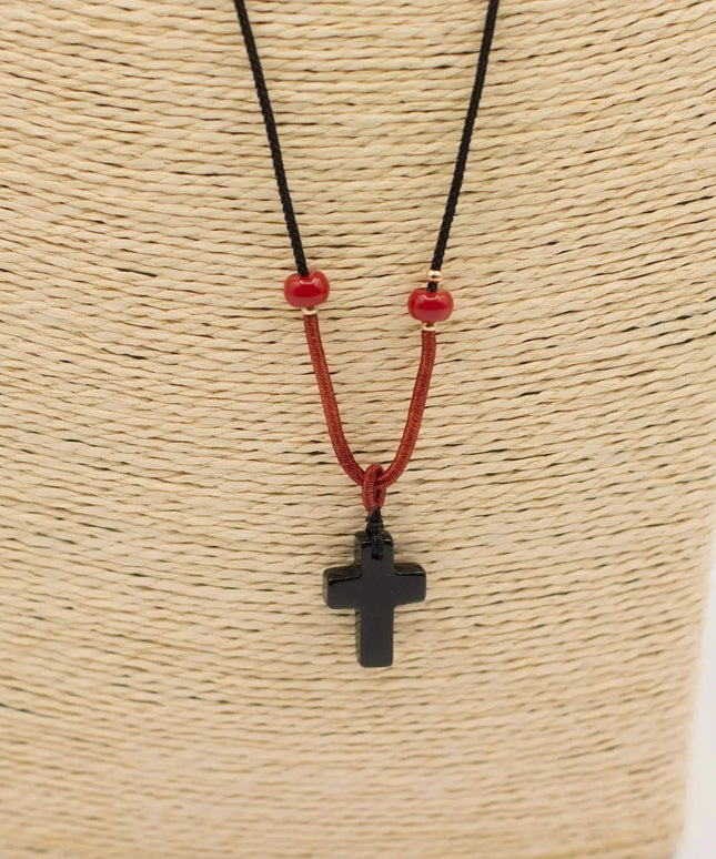 Cord Necklace Gemstone Pendant - Black Agate Cross - Bee my Gift