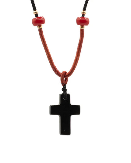 Cord Necklace Gemstone Pendant - Black Agate Cross - Bee my Gift