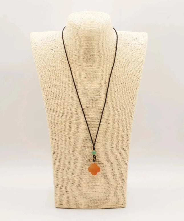 Cord Necklace Gemstone Pendant - Red Jade Clover - Bee my Gift