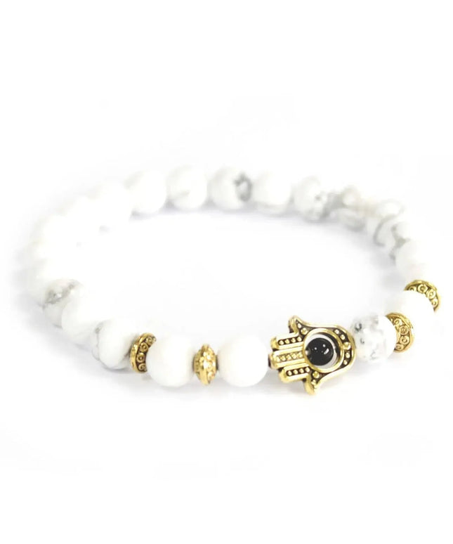 Gold Hamsa / White Stone - Gemstone Bracelet - Bee my Gift