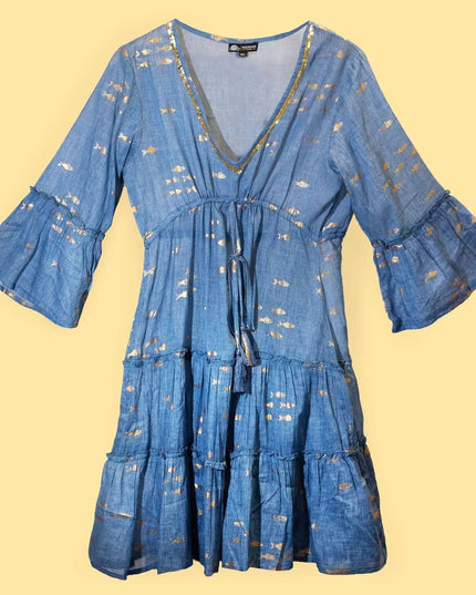 (LXL) Nomad Sari On the Med Collection - Dress - Sea Blue & Gold Fish Design - Bee my Gift