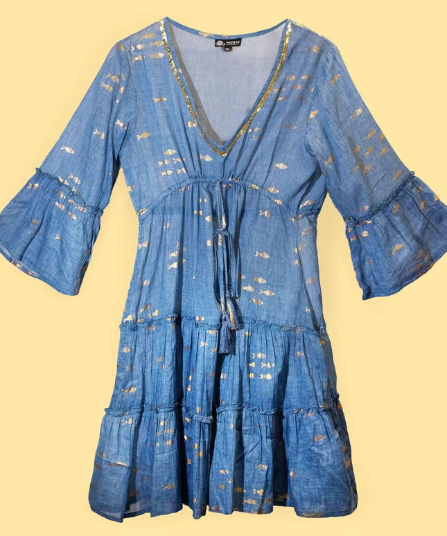 (LXL) Nomad Sari On the Med Collection - Dress - Sea Blue & Gold Fish Design - Bee my Gift