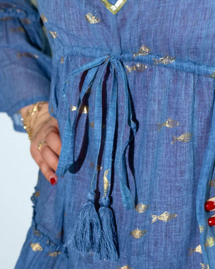 (LXL) Nomad Sari On the Med Collection - Dress - Sea Blue & Gold Fish Design - Bee my Gift