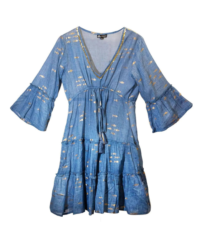 (LXL) Nomad Sari On the Med Collection - Dress - Sea Blue & Gold Fish Design - Bee my Gift