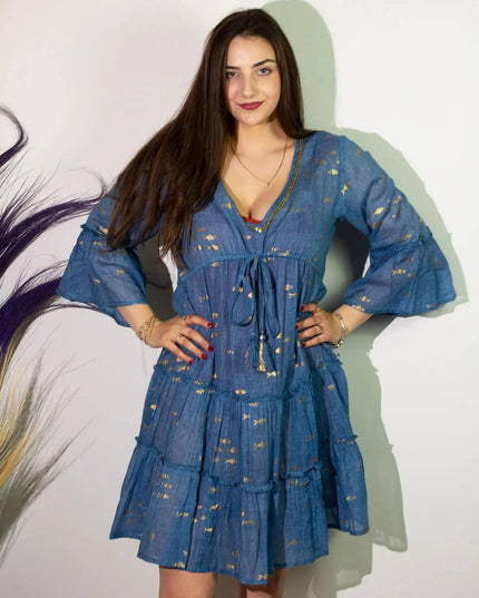(LXL) Nomad Sari On the Med Collection - Dress - Sea Blue & Gold Fish Design - Bee my Gift