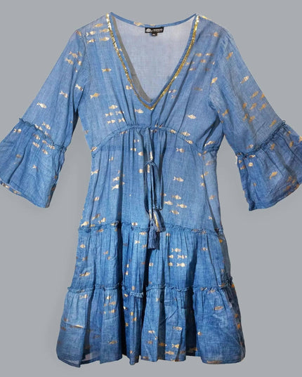 (LXL) Nomad Sari On the Med Collection - Dress - Sea Blue & Gold Fish Design - Bee my Gift