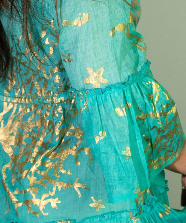 (LXL) Nomad Sari On the Med Collection - Dress - Turquoise & Gold Coral Design - Bee my Gift
