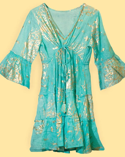 (LXL) Nomad Sari On the Med Collection - Dress - Turquoise & Gold Coral Design - Bee my Gift