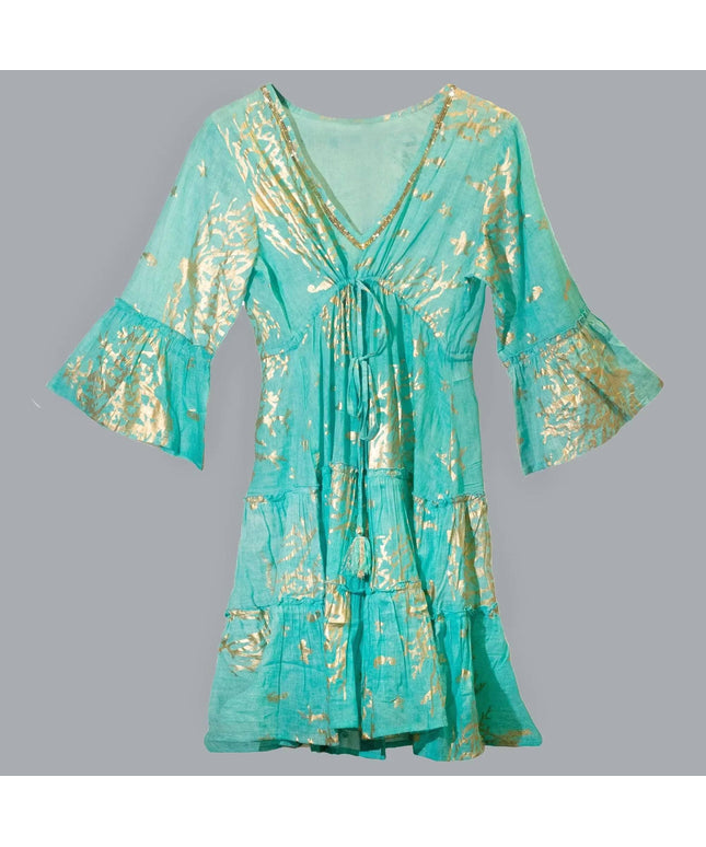 (LXL) Nomad Sari On the Med Collection - Dress - Turquoise & Gold Coral Design - Bee my Gift