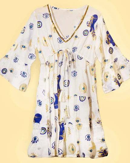 (LXL) Nomad Sari On the Med Collection - Dress - White , Blue & Gold Evil Eye Design - Bee my Gift