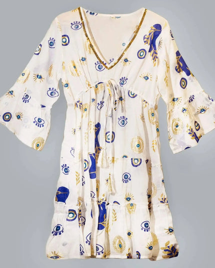 (LXL) Nomad Sari On the Med Collection - Dress - White , Blue & Gold Evil Eye Design - Bee my Gift