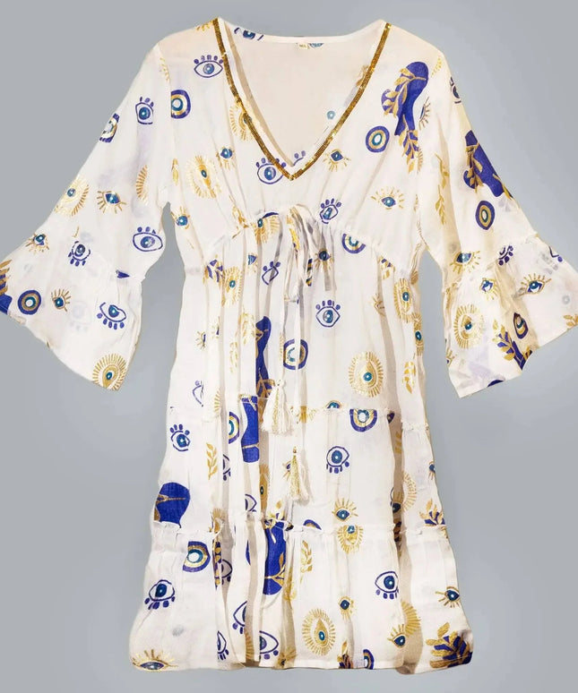 (LXL) Nomad Sari On the Med Collection - Dress - White , Blue & Gold Evil Eye Design - Bee my Gift