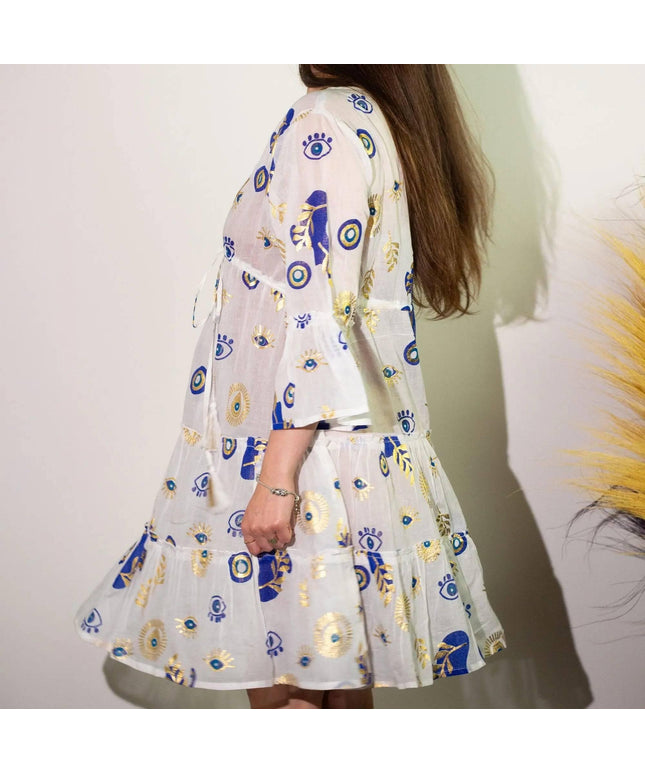 (LXL) Nomad Sari On the Med Collection - Dress - White , Blue & Gold Evil Eye Design - Bee my Gift