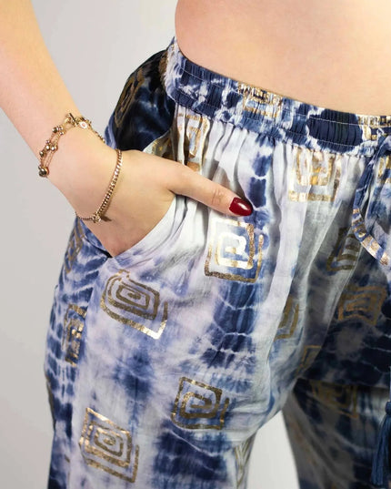 (LXL) Nomad Sari On the Med Collection - Lounge Pants - Gold & Blue Greek Motiff - Handpainted - Bee my Gift