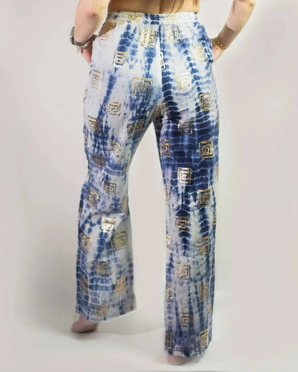 (LXL) Nomad Sari On the Med Collection - Lounge Pants - Gold & Blue Greek Motiff - Handpainted - Bee my Gift
