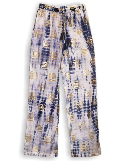 (LXL) Nomad Sari On the Med Collection - Lounge Pants - Gold & Blue Greek Motiff - Handpainted - Bee my Gift