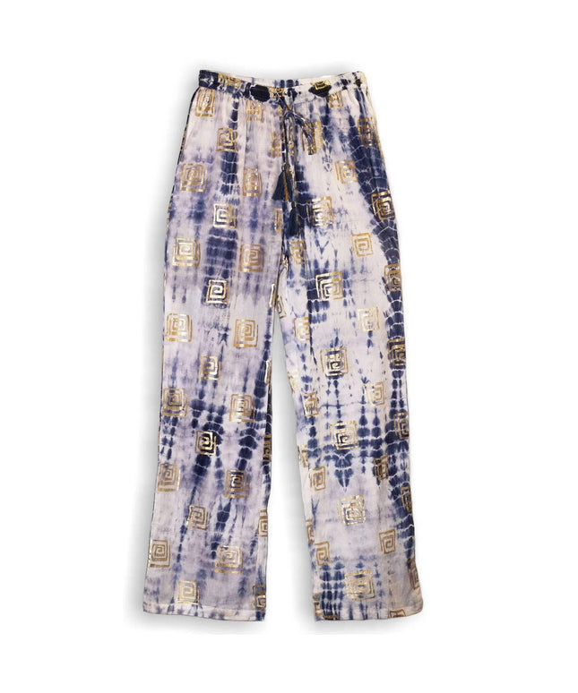 (LXL) Nomad Sari On the Med Collection - Lounge Pants - Gold & Blue Greek Motiff - Handpainted - Bee my Gift