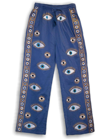(LXL) Nomad Sari On the Med Collection - Lounge Pants - Rich Blue & Gold Hand Painted Evil Eye Design - Bee my Gift