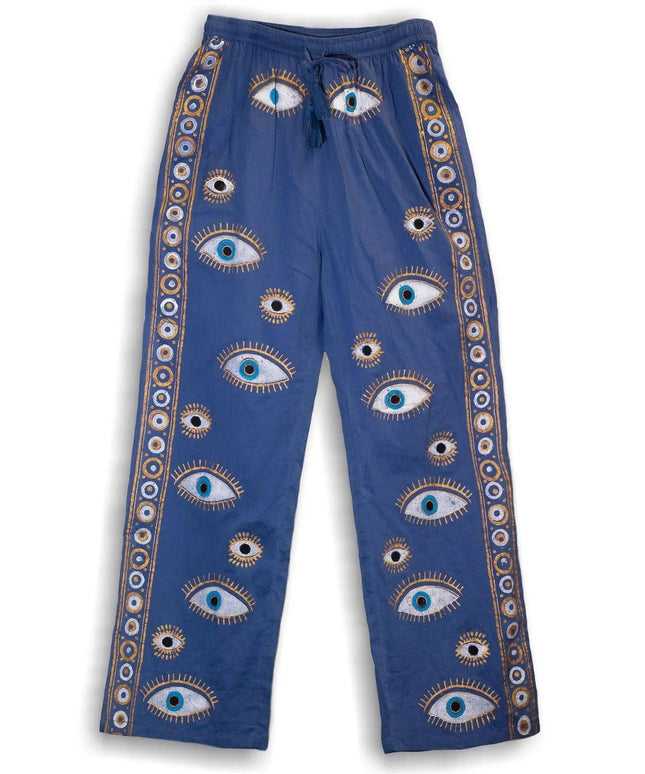 (LXL) Nomad Sari On the Med Collection - Lounge Pants - Rich Blue & Gold Hand Painted Evil Eye Design - Bee my Gift