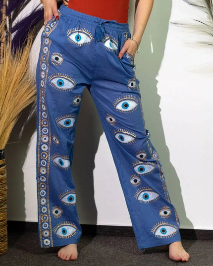 (LXL) Nomad Sari On the Med Collection - Lounge Pants - Rich Blue & Gold Hand Painted Evil Eye Design - Bee my Gift