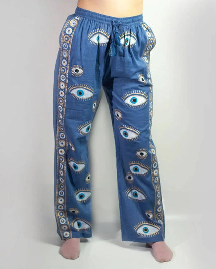 (LXL) Nomad Sari On the Med Collection - Lounge Pants - Rich Blue & Gold Hand Painted Evil Eye Design - Bee my Gift