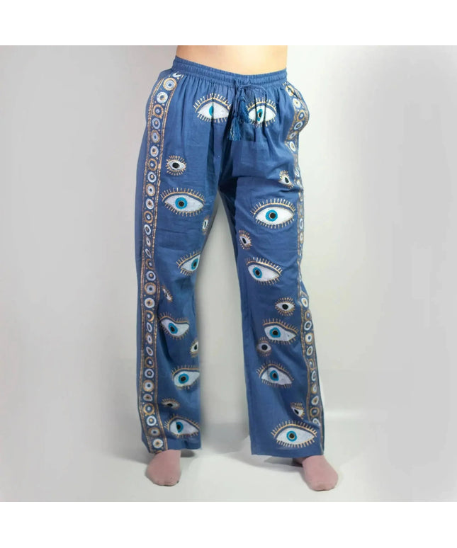 (LXL) Nomad Sari On the Med Collection - Lounge Pants - Rich Blue & Gold Hand Painted Evil Eye Design - Bee my Gift