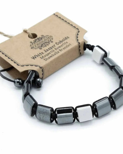 Magnetic Hematite Shamballa Bracelet - White Jasper Cuboids - Bee my Gift