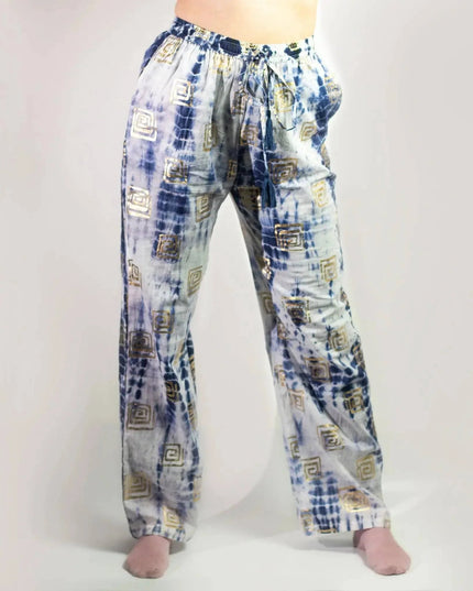 (ML) Nomad Sari On the Med Collection - Lounge Pants - Gold & Blue Greek Motiff - Handpainted - Bee my Gift