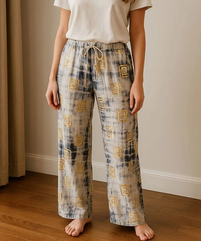 (ML) Nomad Sari On the Med Collection - Lounge Pants - Gold & Blue Greek Motiff - Handpainted - Bee my Gift