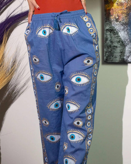 (ML) Nomad Sari On the Med Collection - Lounge Pants - Rich Blue & Gold Hand Painted Evil Eye Design - Bee my Gift