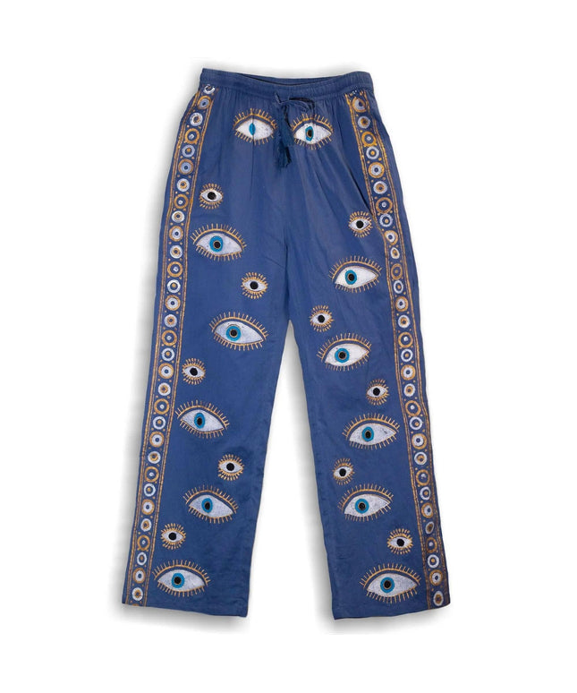 (ML) Nomad Sari On the Med Collection - Lounge Pants - Rich Blue & Gold Hand Painted Evil Eye Design - Bee my Gift