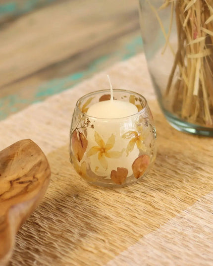 Natural Floral Glass Candle Holder - Rosa - 8x8cm - Bee my Gift