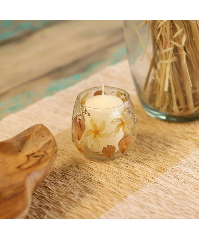 Natural Floral Glass Candle Holder - Rosa - 8x8cm - Bee my Gift
