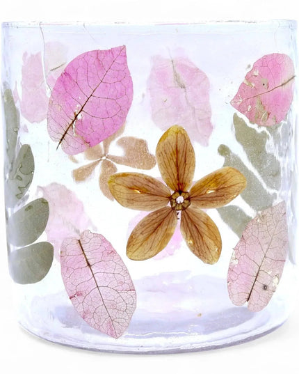 Natural Floral Glass Candle Holder with Pressed Leaves - Bee my Gift