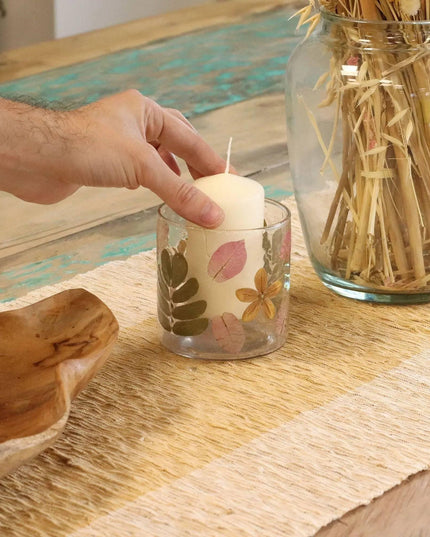 Natural Floral Glass Candle Holder with Pressed Leaves - Bee my Gift
